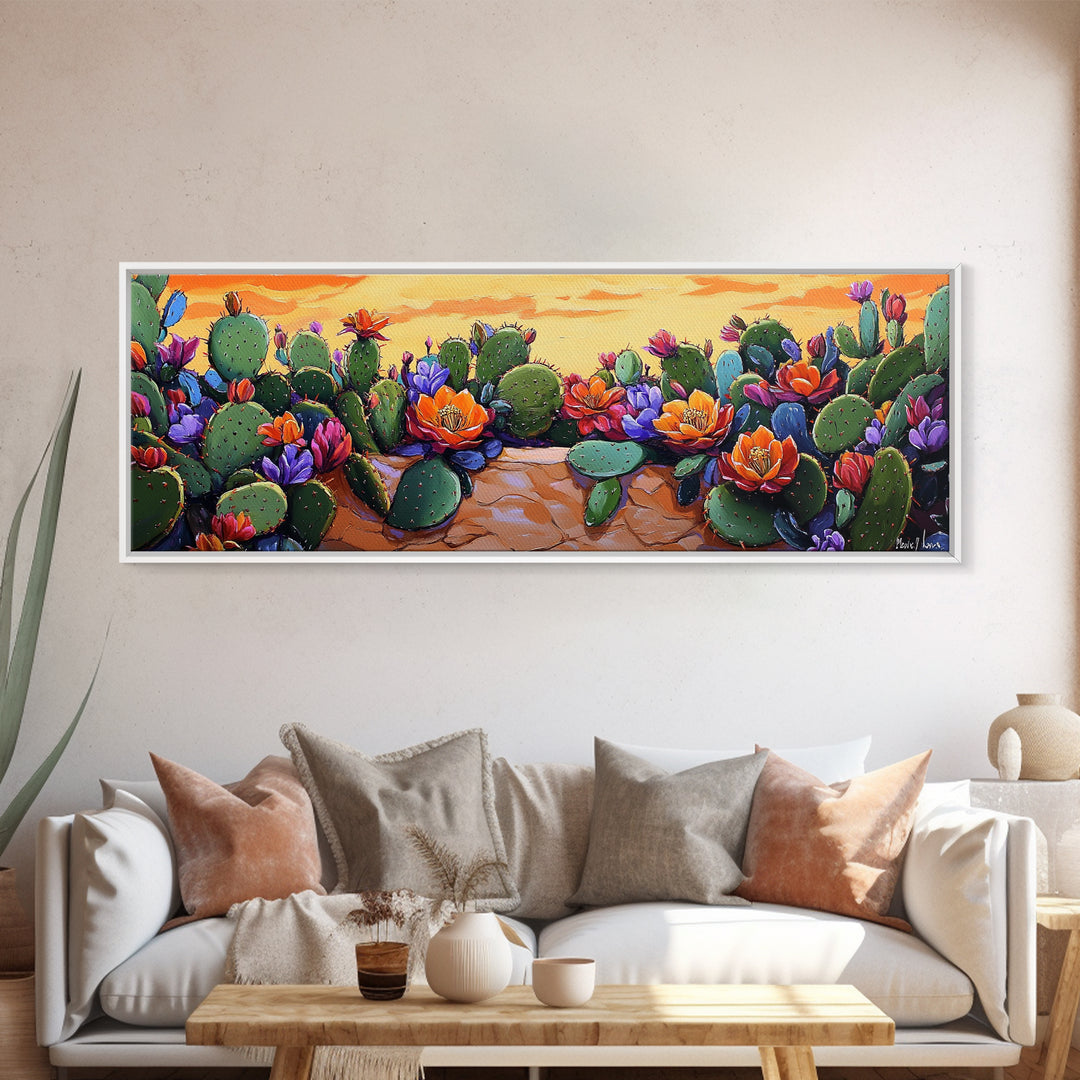 Cactus Garden Bloom, Southwest Succulent Art, Bright Floral Desert Scene, Framed Canvas Print, Kitchen Wall Art, Boho Botanical Decor