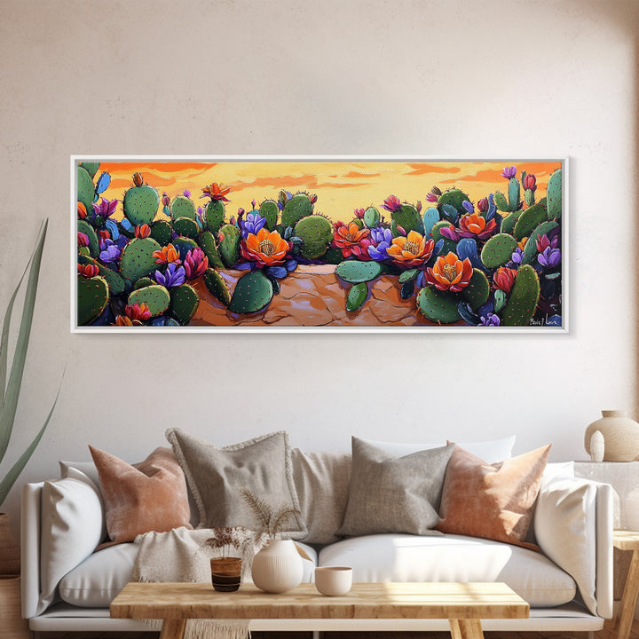 Cactus Garden Bloom, Southwest Succulent Art, Bright Floral Desert Scene, Framed Canvas Print, Kitchen Wall Art, Boho Botanical Decor
