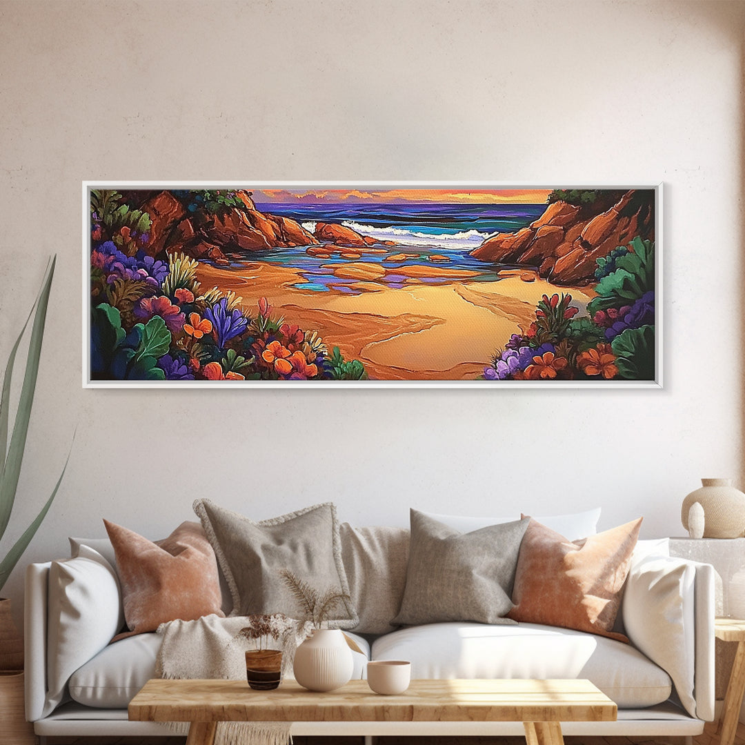 Rocky Beach Cove, Tropical Floral Ocean Art, Sunset Coastline View, Framed Canvas Print, Bathroom Wall Art, Nature Inspired Style