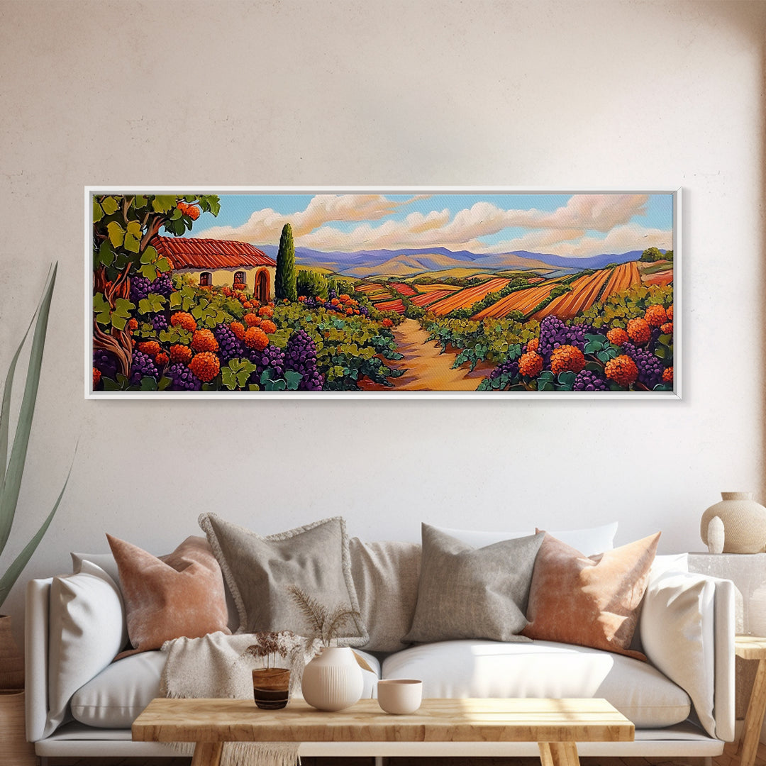Autumn Vineyard Path, Rustic Countryside, Orange and Purple Art, Framed Canvas Print, Kitchen Wall Decor, Fall Landscape Painting