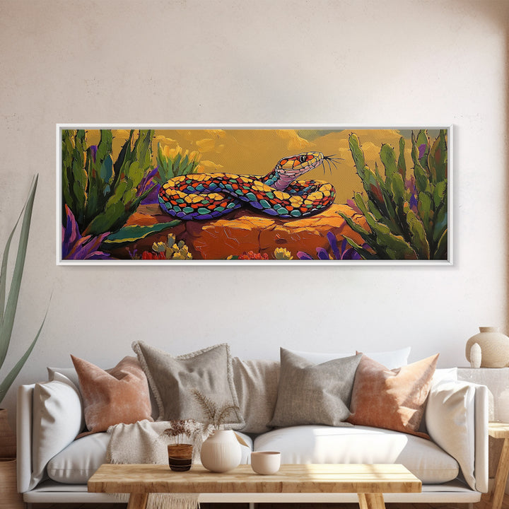 Desert Snake Scene, Vibrant Reptile Art, Cactus Wildlife, Framed Canvas Print, Bold Southwest Wall Decor, Nature Inspired Room