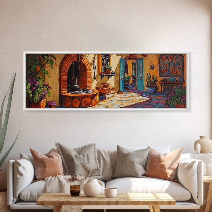 Cozy Kitchen Decor, Rustic Courtyard Art, Adobe Style, Mexican Home Wall Decor, Framed Canvas Print, Southwest Kitchen Wall Art