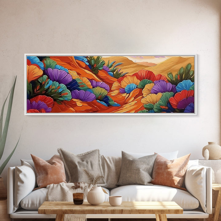 Colorful Desert Blooms, Vibrant Landscape, Boho Floral Style, Framed Canvas Print, Bedroom Wall Art, Modern Southwestern Painting