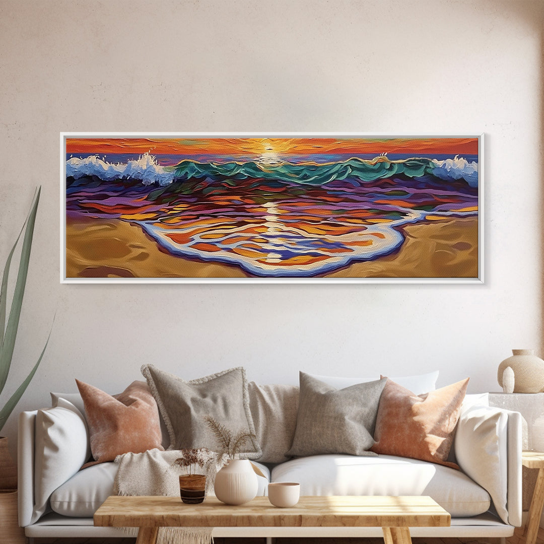 Ocean Sunset Glow, Colorful Wave Reflection, Coastal Abstract, Framed Canvas Print, Beach House Wall Art, Modern Seascape Painting