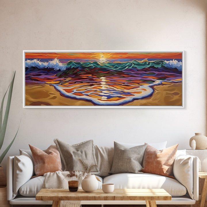 Ocean Sunset Glow, Colorful Wave Reflection, Coastal Abstract, Framed Canvas Print, Beach House Wall Art, Modern Seascape Painting