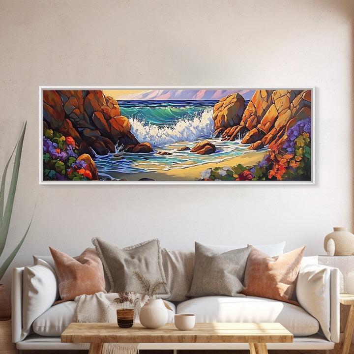 Rocky Shore Break, Ocean Cliff Scene, Seaside Escape, Framed Canvas Print, Coastal Bathroom Wall Art, Nautical Beach Decor