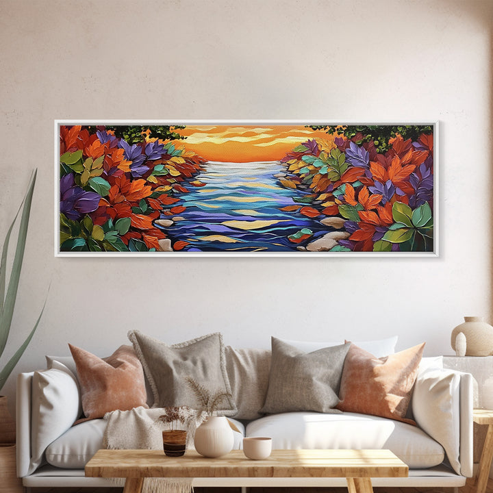 Autumn River Glow, Fall Leaf Reflections, Vibrant Nature Scene, Framed Canvas Print, Rustic Wall Art, Entryway or Dining Room Decor
