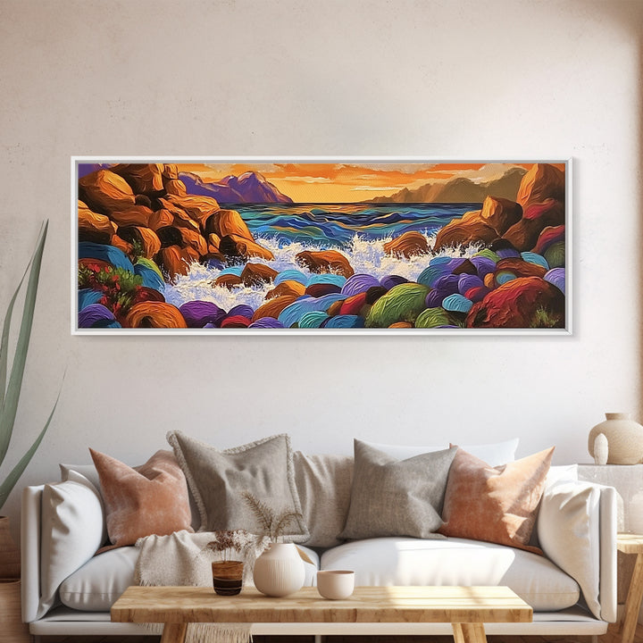 Rocky Coastline, Sunset Splash, Rainbow Stones, Framed Canvas Print, Bathroom Wall Art, Modern Seaside Art, Bold Landscape Vibes