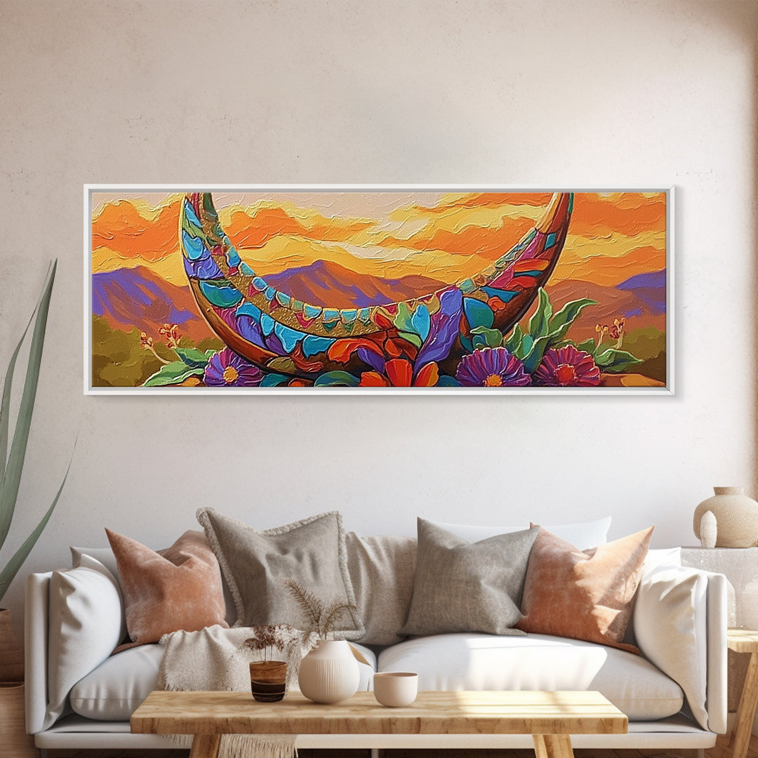 Crescent Moon, Floral Sunset, Western Vibes, Framed Canvas Print, Desert Boho Wall Art, Living Room Decor, Whimsical Southwestern Art