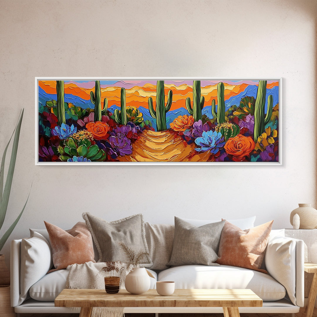 Cactus Garden Sunset, Desert Wall Art, Succulent Landscape, Framed Canvas Print, Boho Living Room Decor, Vibrant Western Style