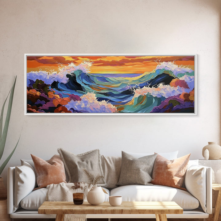 Breaking Waves Seascape, Ocean Wall Art, Sunset Coastal View, Framed Canvas Print, Nautical Living Room Decor, Beach Style