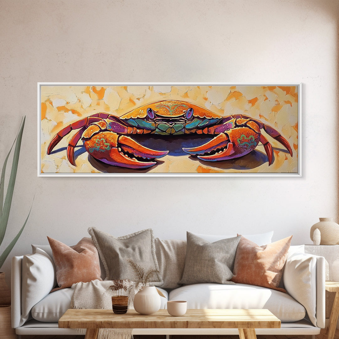 Coastal Crab Art, Beach House Decor, Nautical Vibes, Vibrant Colors Framed Canvas Print, Coastal Kitchen Wall Art, Bold Animal Painting