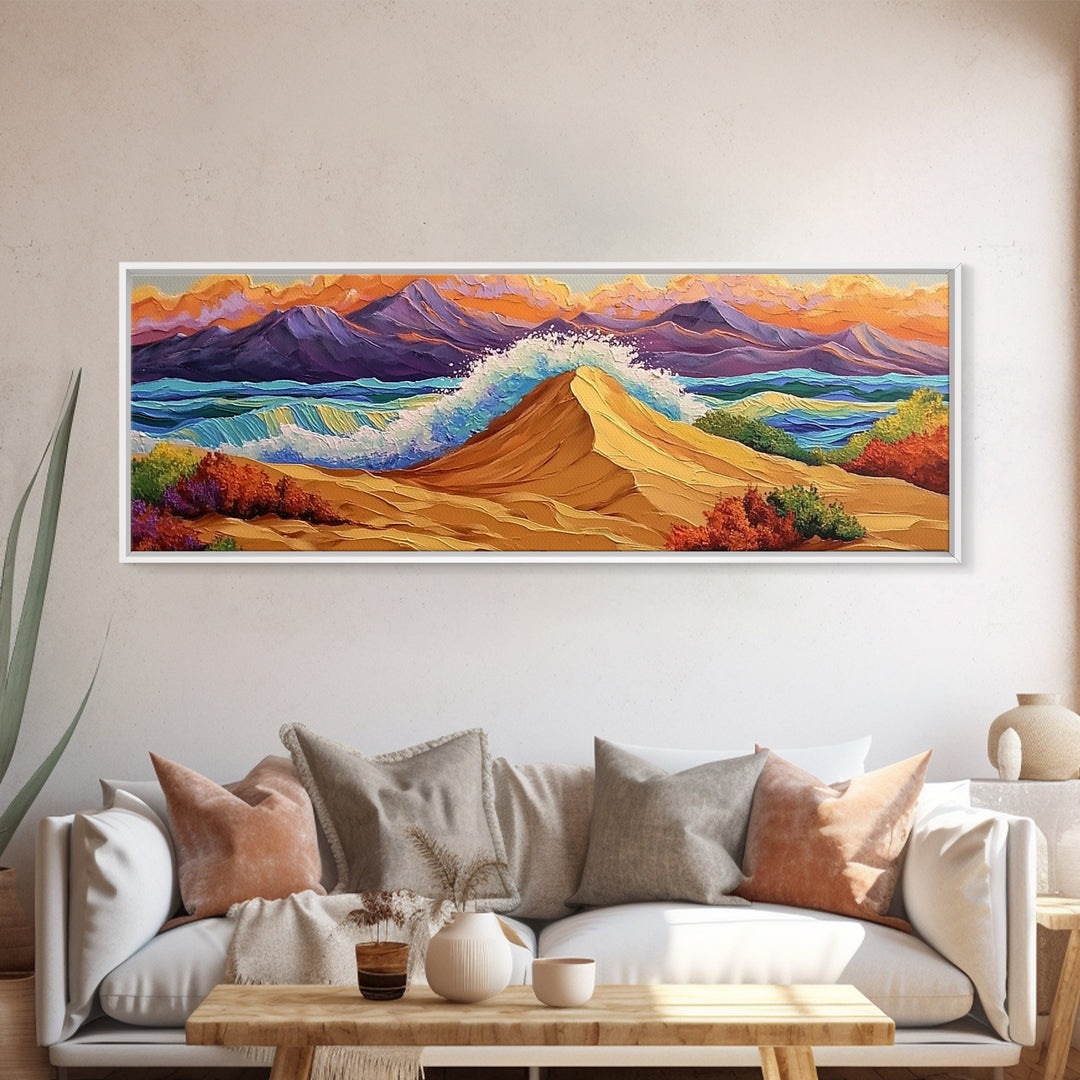 Desert Dunes, Ocean Splash, Sunset Mountains, Fall Tones Framed Canvas Print, Living Room Wall Art, Southwest Colorful Art