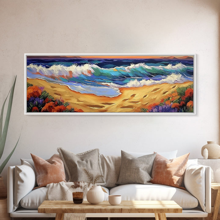 Coastal Wave Art, Beach Shore, Ocean Spray, Sunset Sea Framed Canvas Print, Living Room Wall Art, Modern Tropical Decor