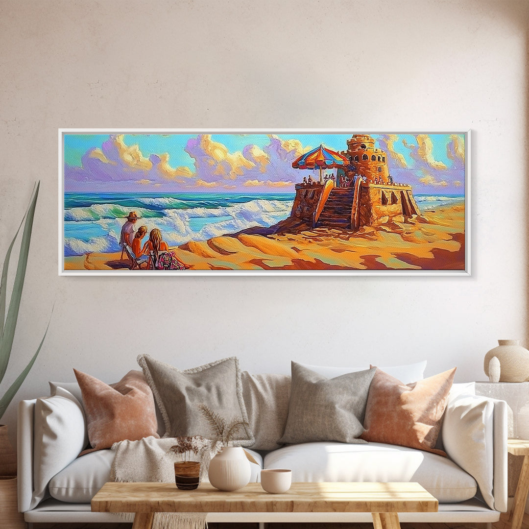 Beach Fortress, Family Fun, Ocean Adventure, Sunny Day Framed Canvas Print, Vacation Memory Wall Art, Playroom Beach Art