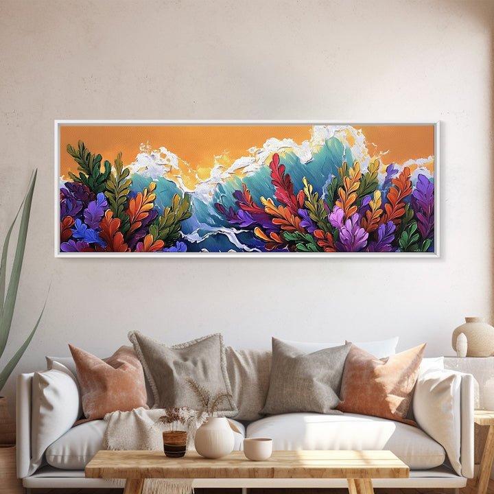 Ocean Blooms, Sunset Waves, Colorful Florals, Seaside Garden, Framed Canvas Print tropical living room wall art, coastal print