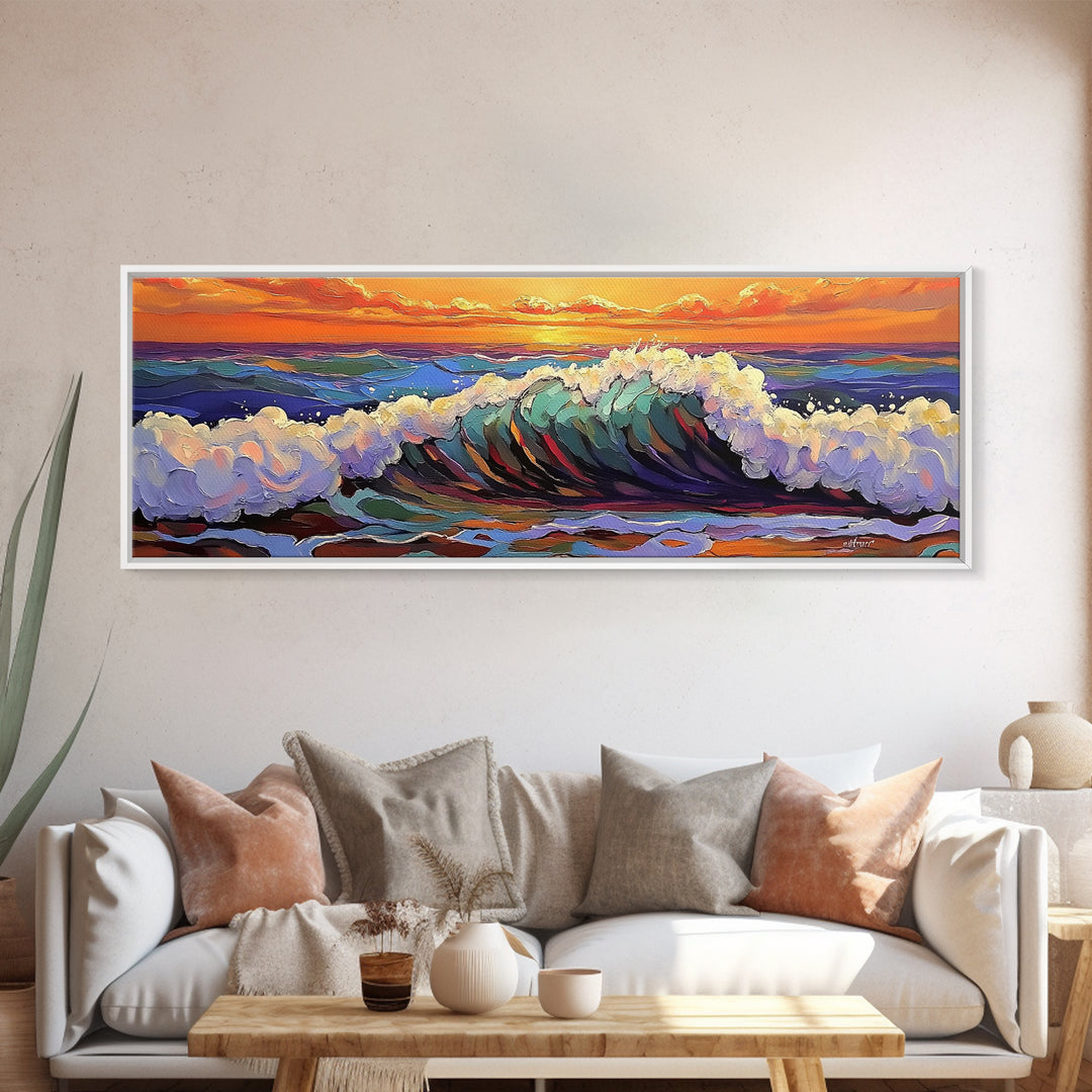 Breaking Wave Art, Sunset Ocean Surf, Bold Seaside Motion, Vibrant Coastal Palette, Framed Canvas Print, Bathroom Beach Decor
