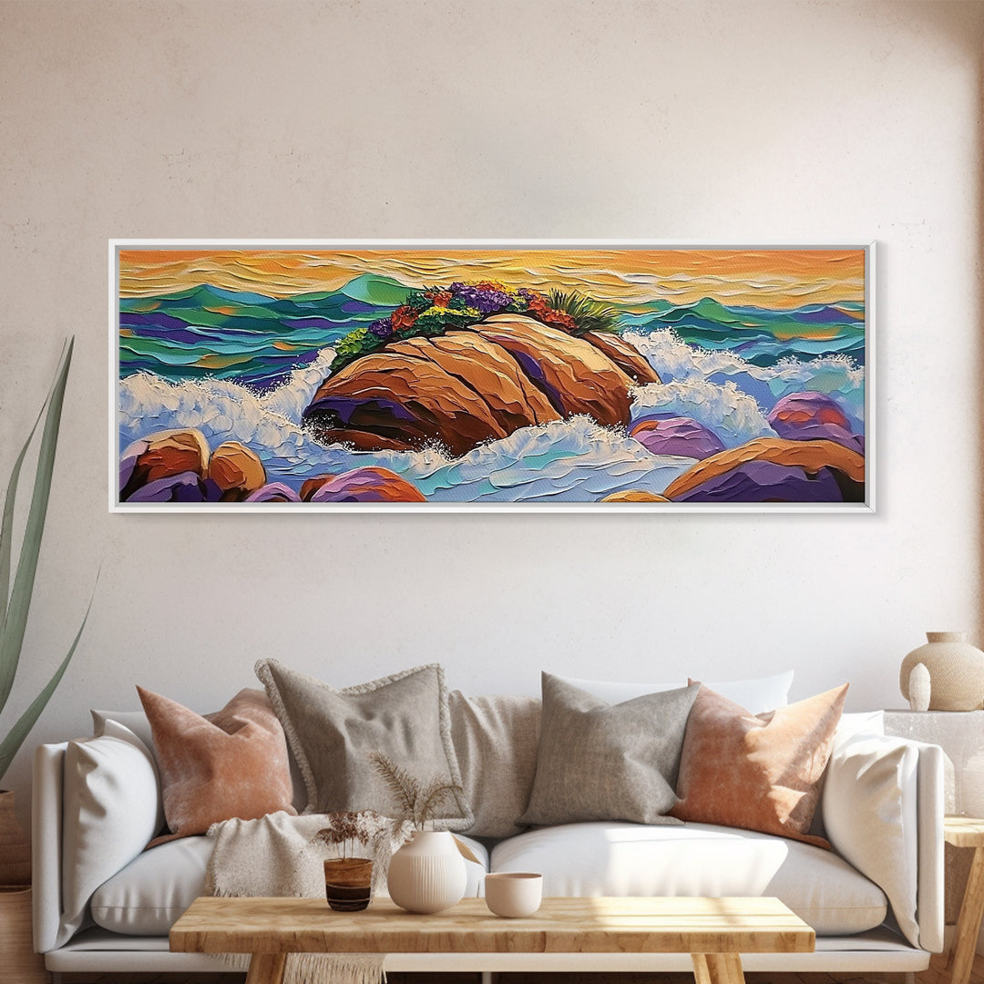 Rocky Shoreline Scene, Vibrant Sea Garden, Coastal Wave Power, Nature Texture Painting, Framed Canvas Print, Ocean Lover Wall Art