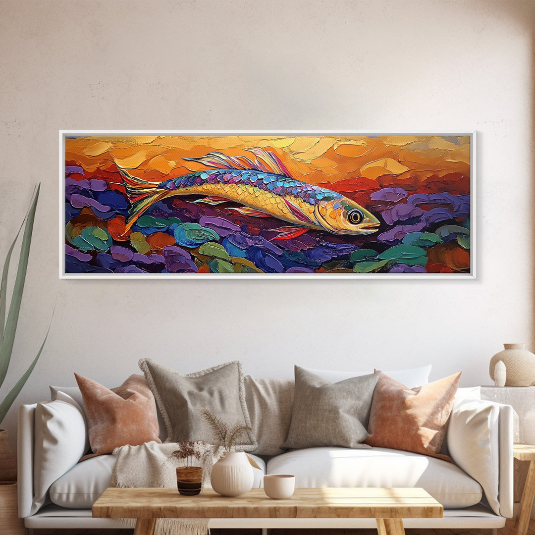 Colorful Fish Painting, Vibrant Sea Life, Abstract Ocean Creature, Marine Fantasy Style, Framed Canvas Print, Kids Room Underwater Art