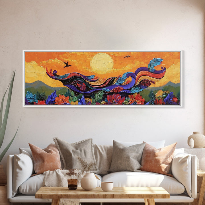 Abstract Bird, Flying Feathers, Bold Sunset, Canvas Print, Vibrant Boho Art, Living Room Statement Piece, Fall Color Palette