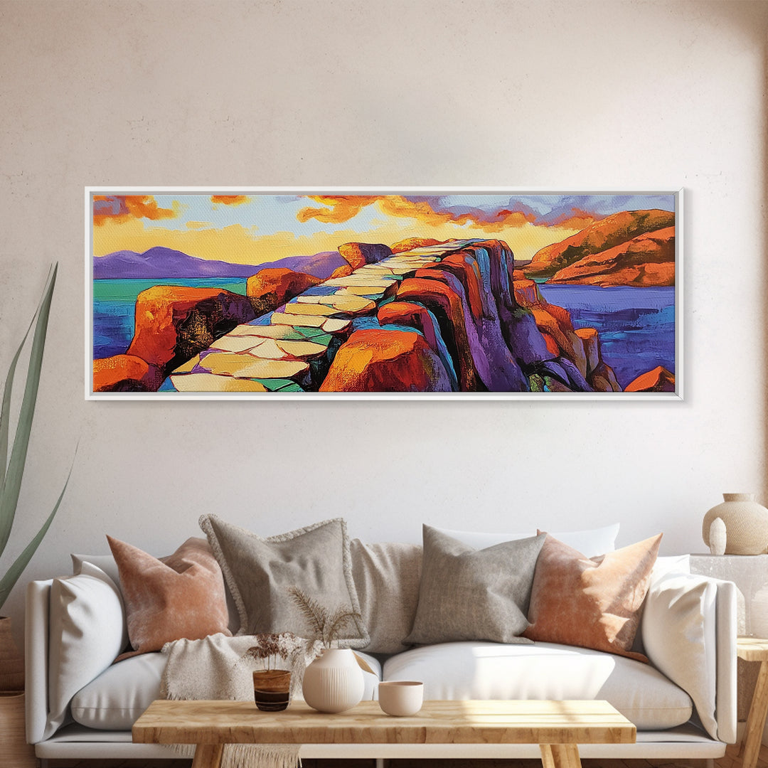 Rocky Coastal Path, Sunset Cliff Art, Vibrant Mountain Scene, Adventure Nature Decor, Framed Canvas Print, Fall Living Room Art
