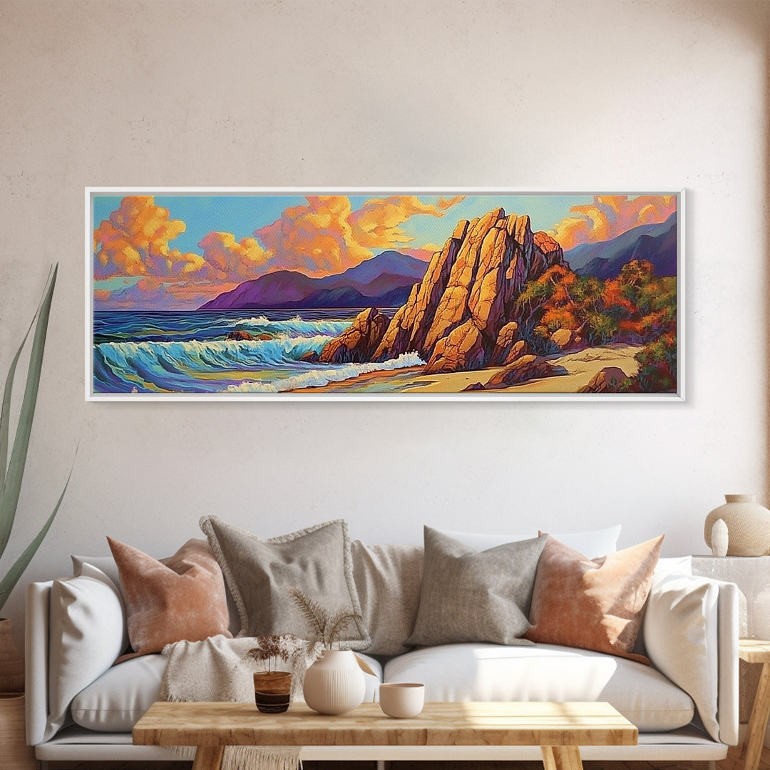 Coastal Rocks, Ocean Cliffs, Sunset Clouds, Canvas Print, Bold Seascape Wall Art, Living Room Fall Decor, Nature Inspired Aesthetic