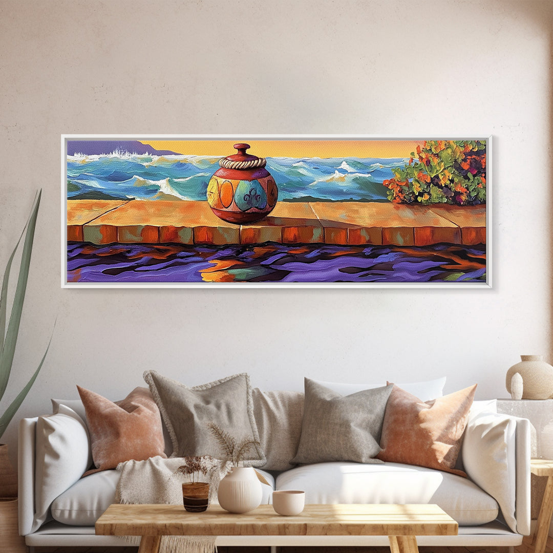 Ocean Vase Scene, Coastal Pottery Painting, Serene Sunset Dock, Beachfront Wall Style, Framed Canvas Print, Nautical Bathroom Art