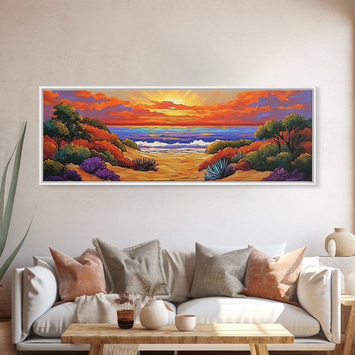 Autumn Sunset Path, Beach Trail Art, Vibrant Landscape, Framed Canvas Print, Fall Home Decor, Coastal Living Room Wall Art, Boho Art