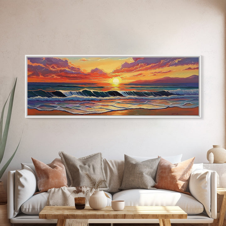 Crashing Sunset Waves, Ocean Horizon Art, Coastal Abstract Painting, Framed Canvas Print, Colorful Living Room Wall Art, Beach Vibes
