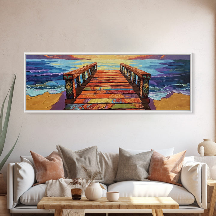 Colorful Pier, Sunset View, Ocean Dock, Serene Shoreline, Framed Canvas Print, Beach House Wall Art, Coastal Landscape Painting