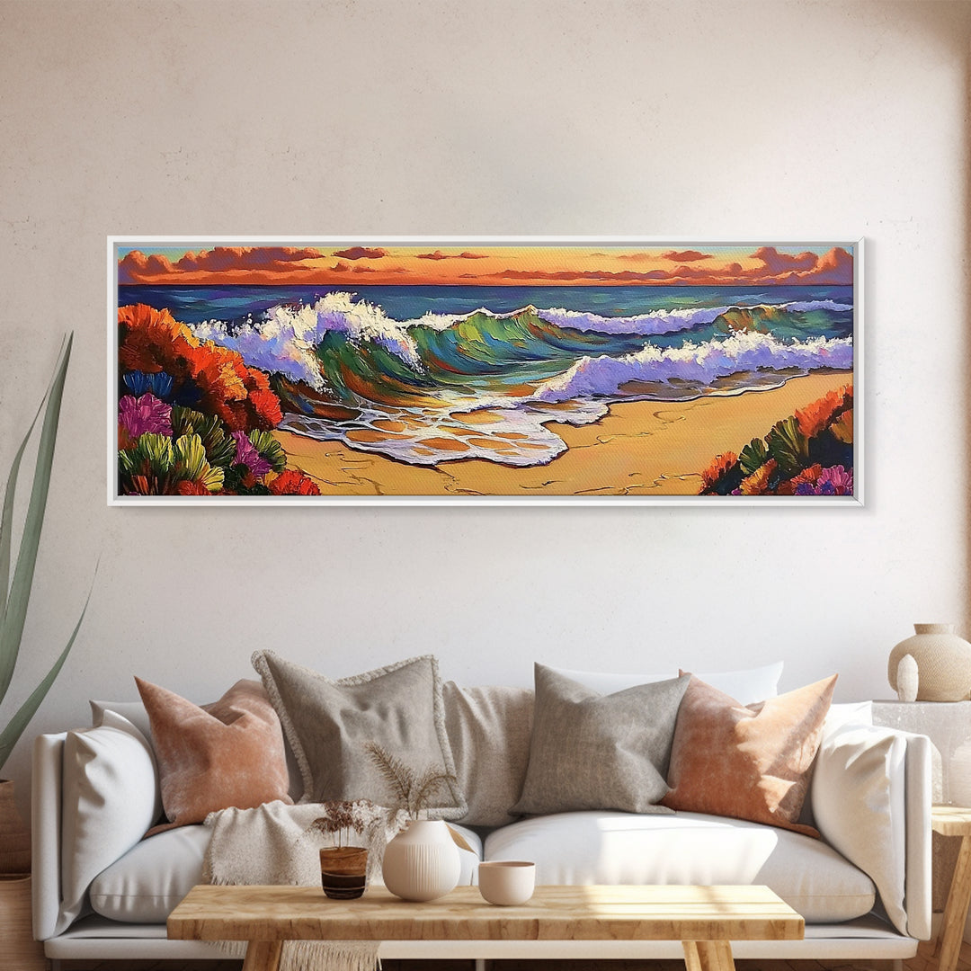 Ocean Curl, Autumn Surf, Sunset Beach, Floral Waves, Framed Canvas Print, Living Room Wall Art, Fall Coastal Painting, Bold Decor
