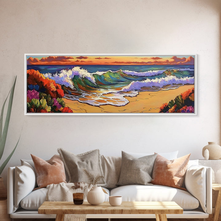 Ocean Curl, Autumn Surf, Sunset Beach, Floral Waves, Framed Canvas Print, Living Room Wall Art, Fall Coastal Painting, Bold Decor