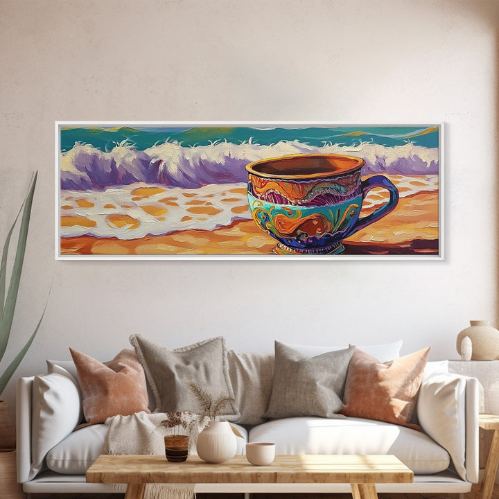 Beach Mug, Coastal Cup, Ocean Waves, Canvas Print, Beach Kitchen Art, Tropical Vibe, Boho Beach House, Nautical Wall Decor