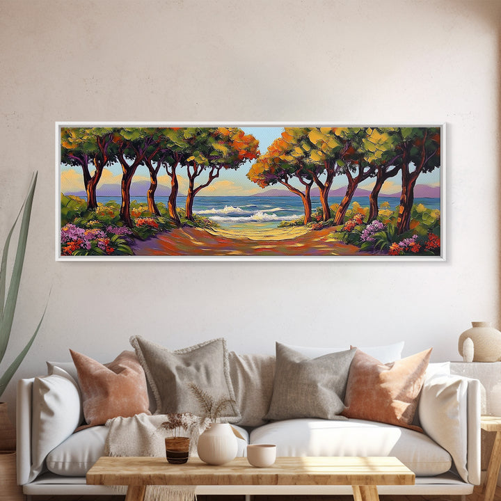 Coastal Trees, Ocean View, Beach Path, Vibrant Foliage, Framed Canvas Print, beach house decor, nature wall art, coastal living room style