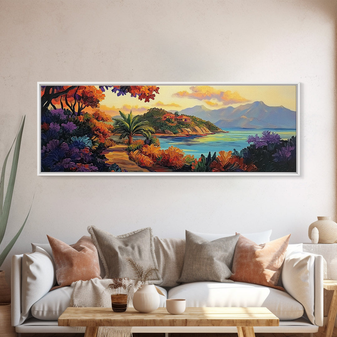 Island Retreat, Ocean View, Palm Trees, Colorful Foliage, Framed Canvas Print, tropical wall art, boho living room accent piece