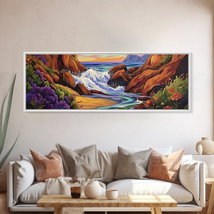 Rocky Shore, Ocean Splash, Sunset Cove, Botanical Scene, Framed Canvas Print, vibrant coastal wall art, beach bathroom decor, ocean vibe