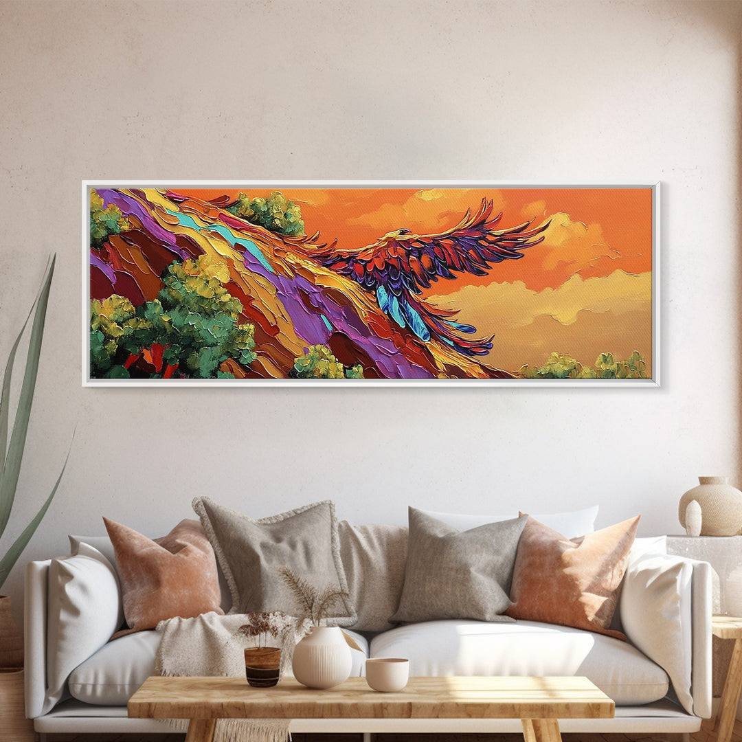 Phoenix Soar, Sunset Flight, Bold Nature, Uplifting Vibes, Framed Canvas Print, Boho Office Wall Art, Inspirational Bird Painting