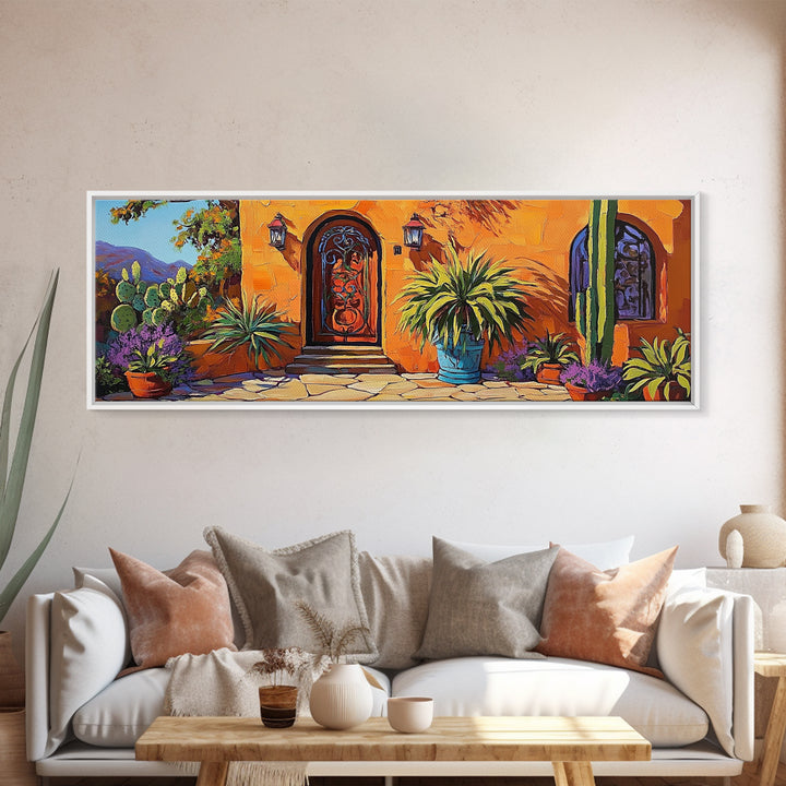 Desert Doorway, Cactus House, Warm Entryway, Framed Canvas Print, Southwest Wall Art, Rustic Kitchen Decor, Boho Style Exterior Scene