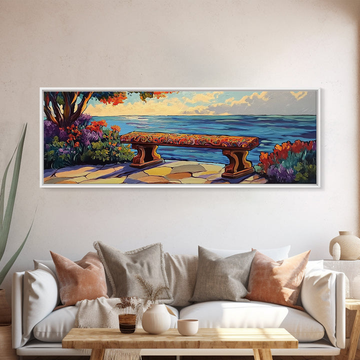 Ocean Bench Scene, Tranquil Moment, Sunset by Sea, Nature Retreat, Canvas Print, Beach House Decor, Impressionist Coastal Wall Art