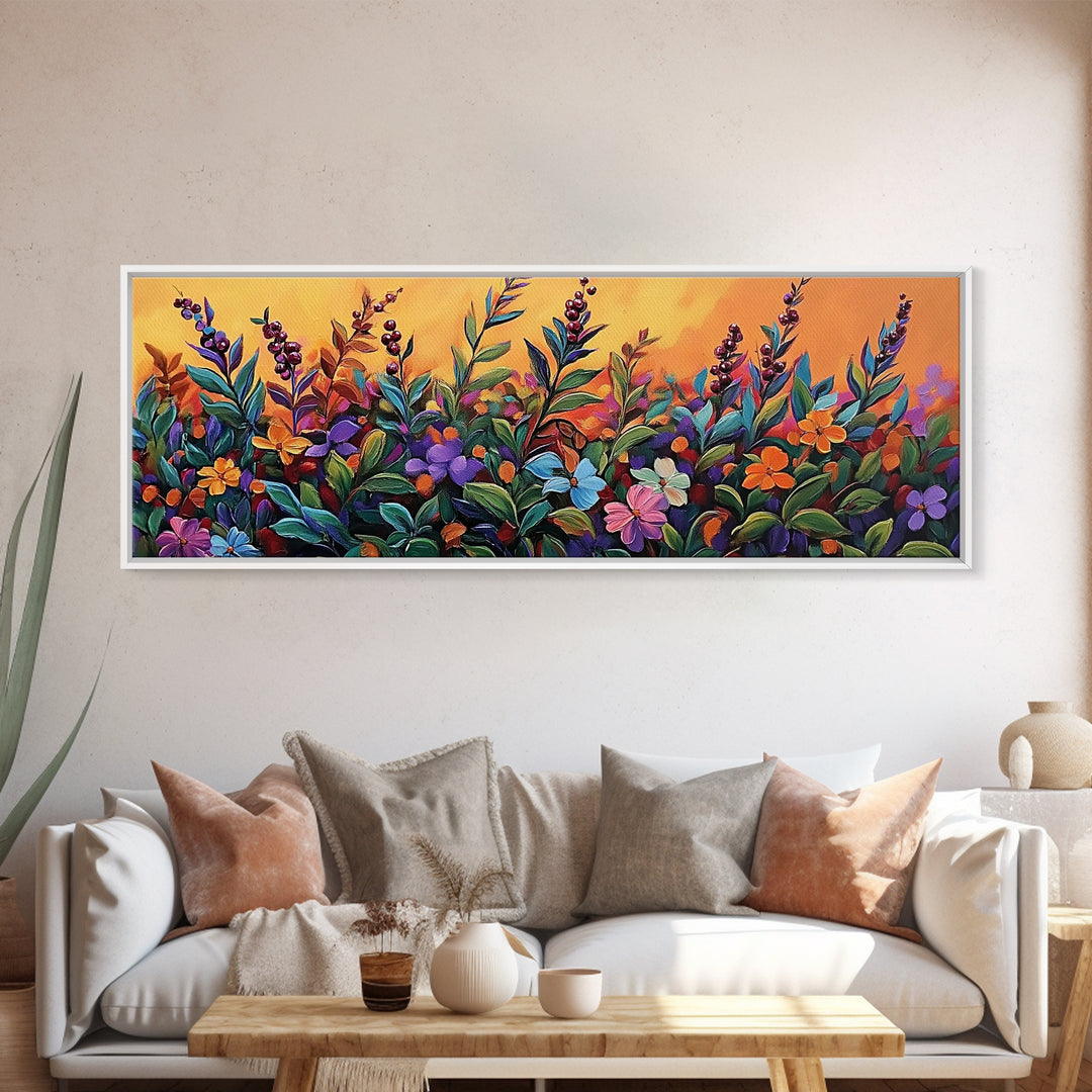 Autumn Garden Flowers, Orange Sky, Bold Leaves, Seasonal Blooms, Canvas Print, Fall Kitchen Wall Art, Botanical Color Pop