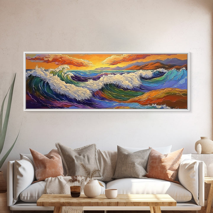 Crashing Waves, Vibrant Seascape, Ocean Energy, Coastal Sunset, Framed Canvas Print, Beach House Decor, Modern Nautical Art