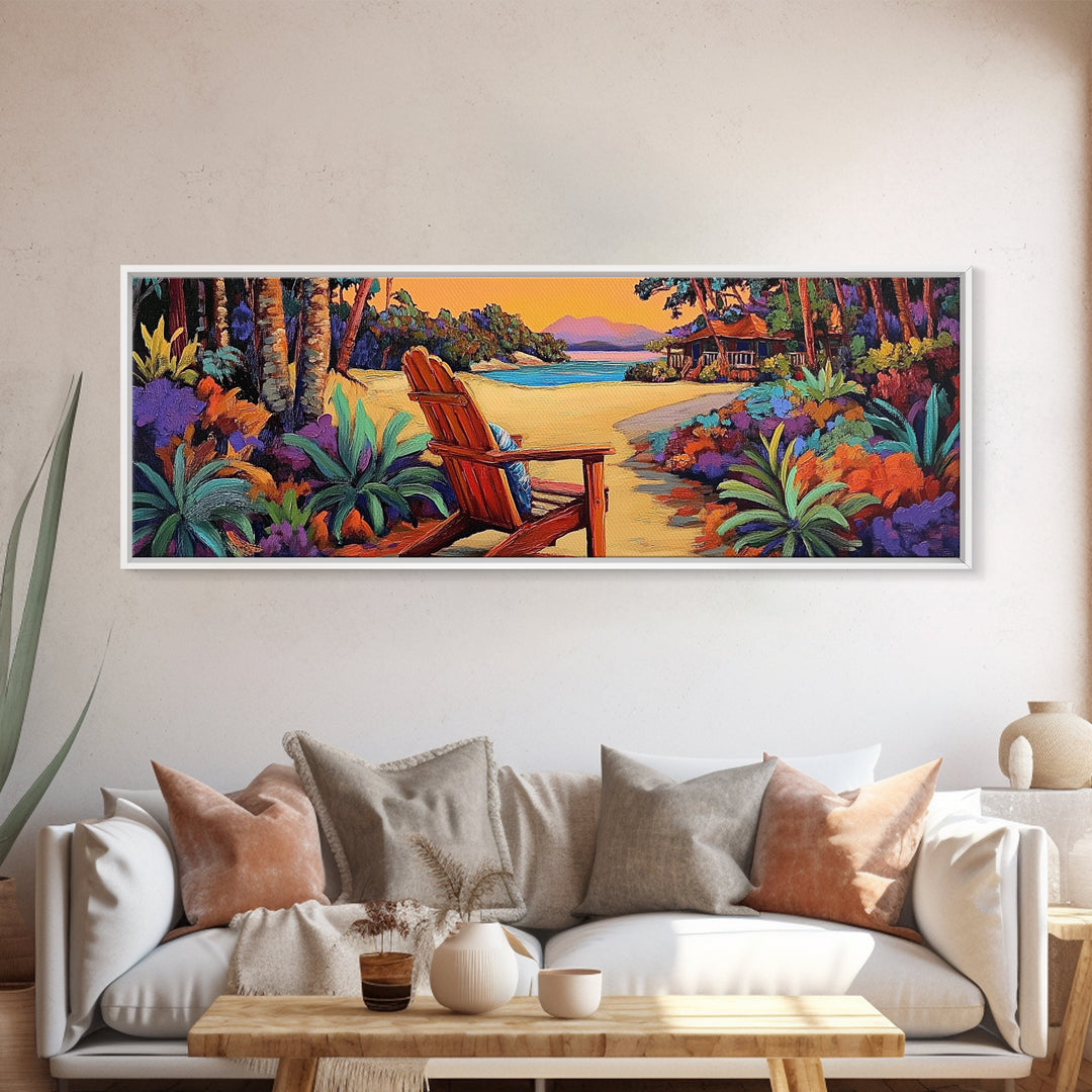Peaceful Beach Chair, Vibrant Sunset Retreat, Tropical Escape Wall Art, Framed Canvas Print, Vacation Home Decor, Boho Island Artwork