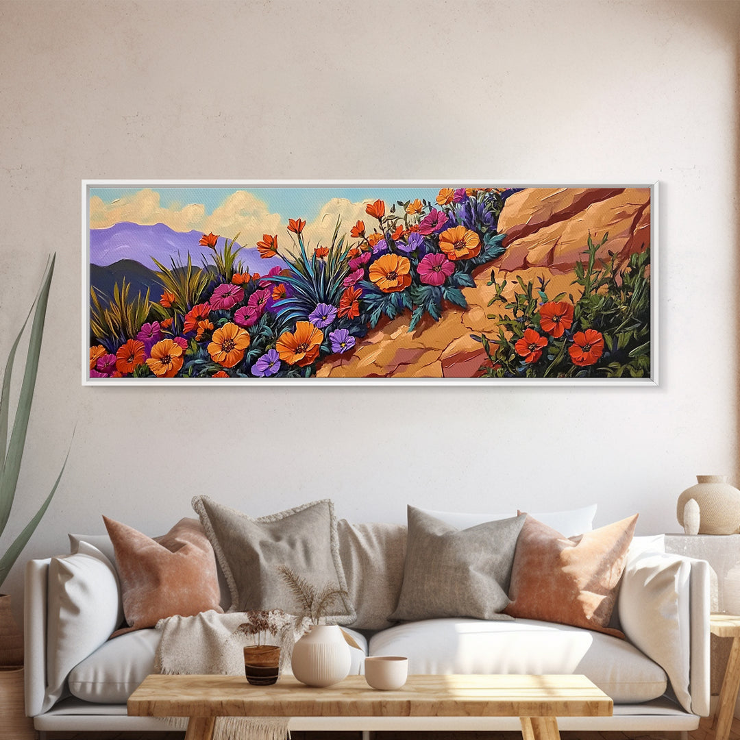 Coastal Flowers, Sunset Hillside, Wildflower Art, Framed Canvas Print, Vibrant Landscape Wall Decor, Living Room Boho Wall Art
