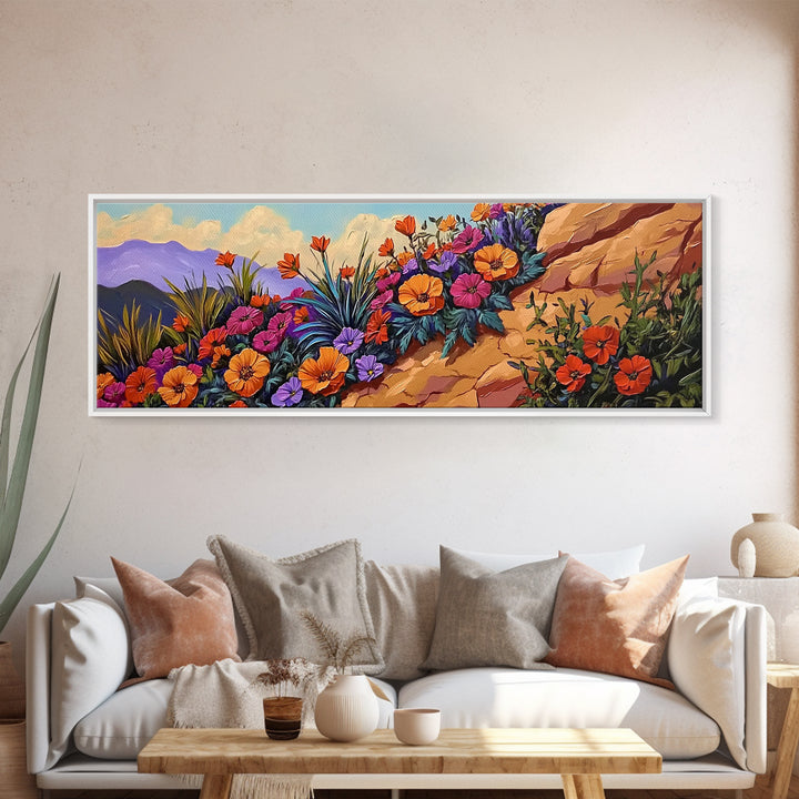 Coastal Flowers, Sunset Hillside, Wildflower Art, Framed Canvas Print, Vibrant Landscape Wall Decor, Living Room Boho Wall Art