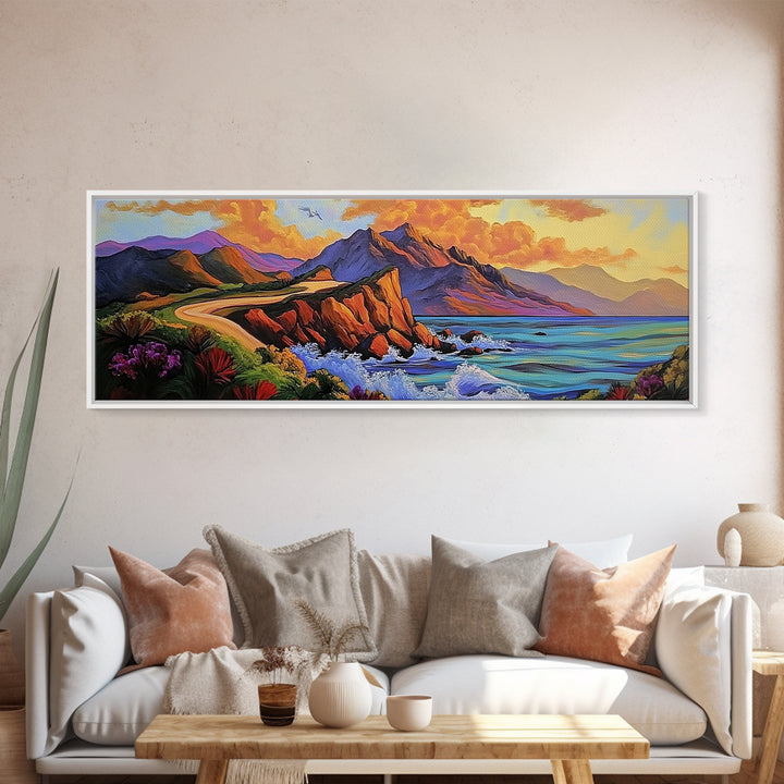 Cliffside Drive, Sunset Coast, Dramatic Ocean Scene, Framed Canvas Print, Coastal Wall Art, Office Accent Art, Bold Color Landscape