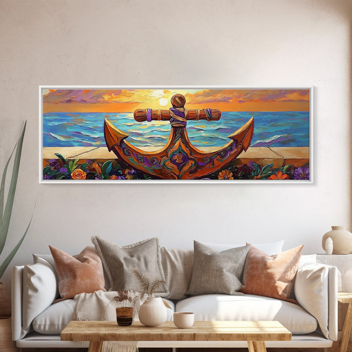 Anchor Seaside Art, Nautical Sunset, Framed Canvas Print, Coastal Home Decor, Ocean Lover Gift, Beach Living Room Wall Art