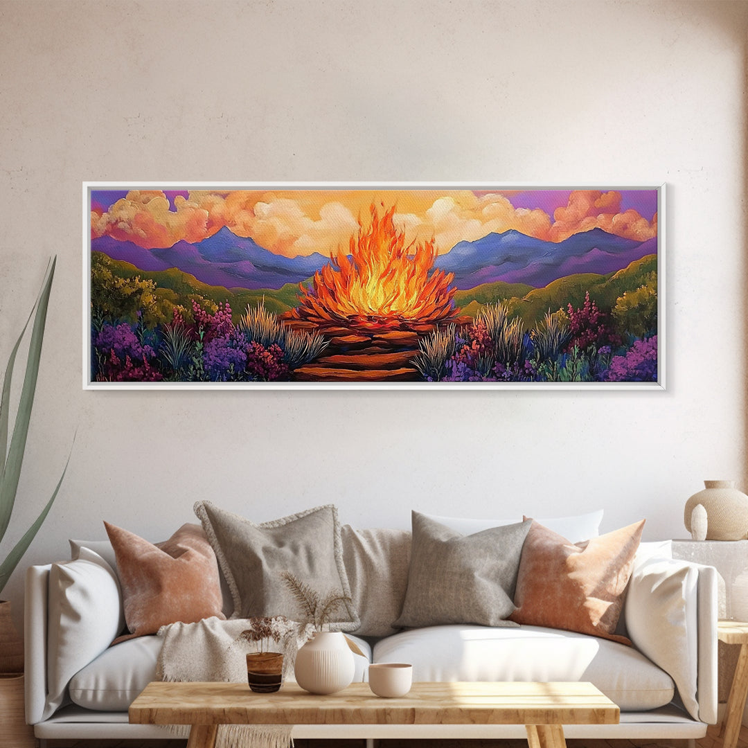 Dramatic Bonfire Night, Vibrant Flame in Hills, Scenic Nature Wall Art, Framed Canvas Print, Fall Lodge Decor, Rustic Landscape Artwork