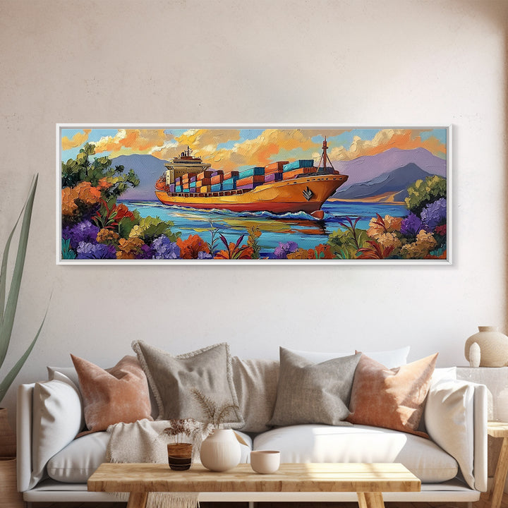 Coastal Cargo Ship, Vibrant Ocean Painting, Nautical Decor, Container Ship Art, Canvas Print, Modern Seascape, Office Wall Art, Boho Art