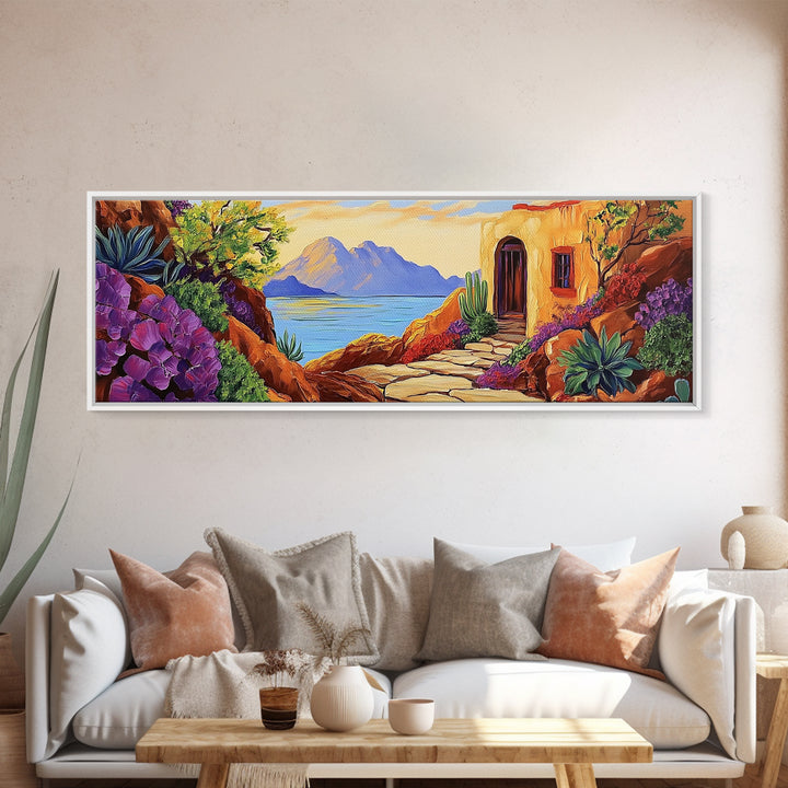 Adobe House View, Desert Coastal Path, Southwest Landscape, Mountain Ocean Art, Canvas Print, Kitchen Wall Art, Warm Boho Style