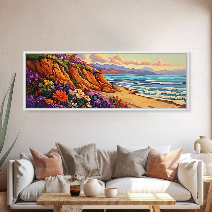 Cliffside Flowers, Ocean Waves, Sunset Coast, Canvas Print, Vibrant Coastal Wall Art, Bedroom or Bathroom Decor, Bohemian Beach Art